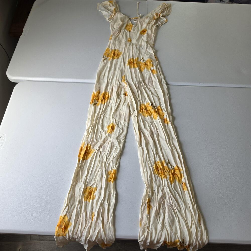Reformation Jumpsuit Womens 0 White Yellow Floral Wide Leg Ruffle Sleeve Boho